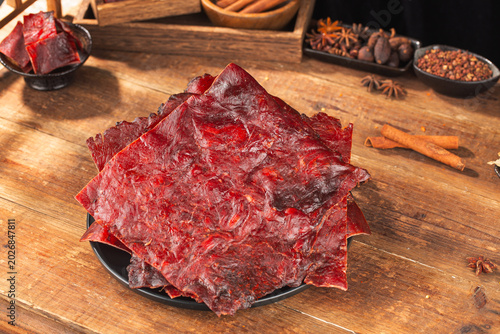 Delicious pork jerky is placed on the wooden，pork jerky, 