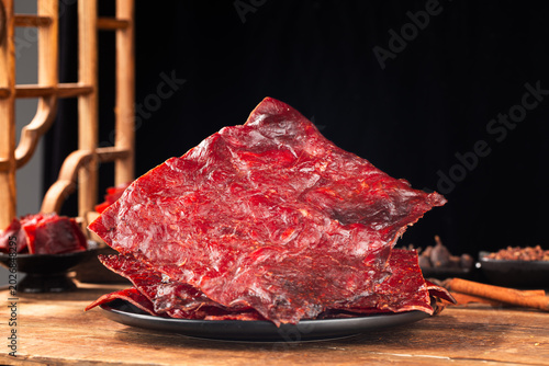 Delicious pork jerky is placed on the wooden，pork jerky, 