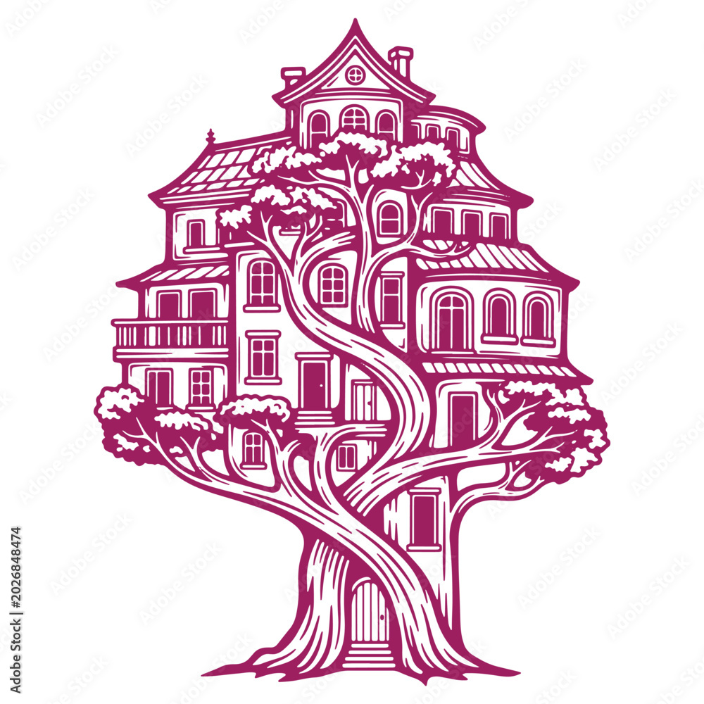 Fototapeta premium Illustrative Tree House Design with Swirling Branches and Windows Whimsical Home