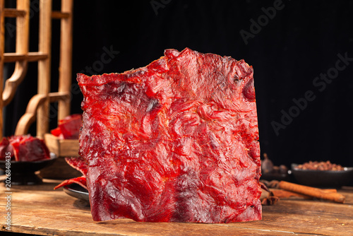 Delicious pork jerky is placed on the wooden，pork jerky, 