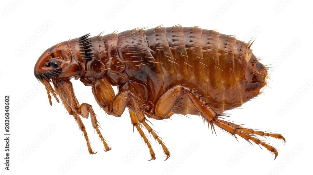 Fototapeta premium Brown Flea Insect Isolated on White Background in Macro View