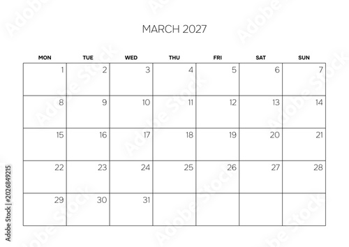 March 2027 Minimalist Wall Calendar Page Corporate Project Management Layout