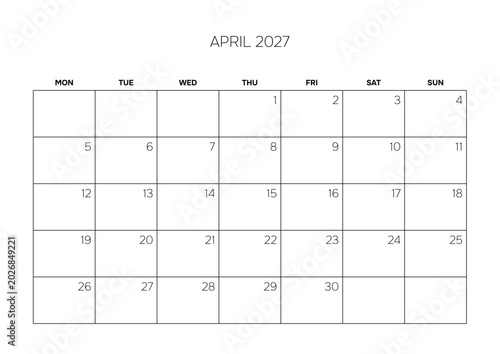 April 2027 Professional Monthly Calendar Template Minimalist Corporate Planner Grid