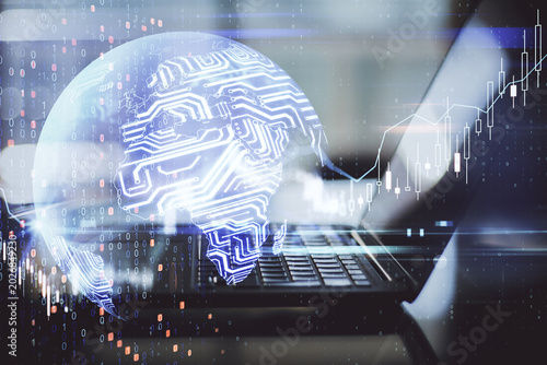 Artificial intelligence brain hologram with laptop and city background, future AI technology, machine learning and digital data concept