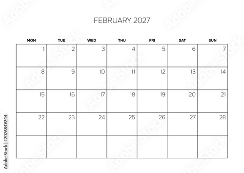 February 2027 Minimalist Monthly Calendar Template Corporate Schedule Grid Layout