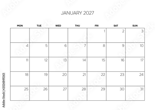 January 2027 Blank Monthly Planner Grid Clean Business Calendar Template