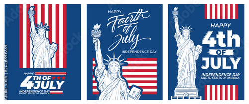 4th of July Social Media Banner with Blue Background American Flag Stripes and Statue of Liberty Vector