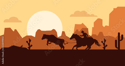 Cowboy chasing cow with rope silhouette background. Cowboy riding horse in town field with sunset. Country rodeo event. Vector illustration poster design template