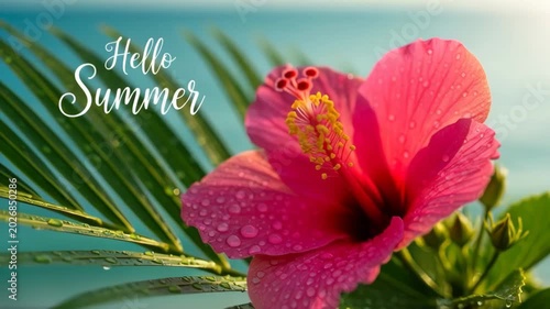 Pink hibiscus bloom on a palm leaf with water droplets and 
