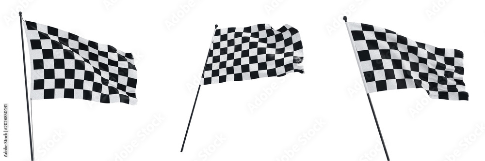 Fototapeta premium Racing PNG set of a black and white checkered flag waving on a thin pole isolated on white background for motorsport racing and finish line concepts