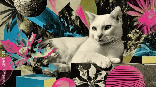 Surreal collage of white cat lounging among vibrant abstract shapes and tropical foliage in retro psychedelic