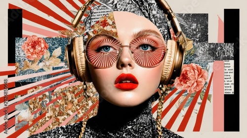 Surreal portrait of woman with red lips, round sunglasses, gold headphones, floral collage background, and abstract graphic elements for modern artistic design