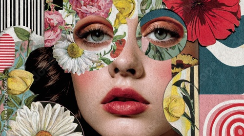 Surreal floral collage of a woman's face with oversized colorful flowers and geometric patterns for editorial art and fashion design