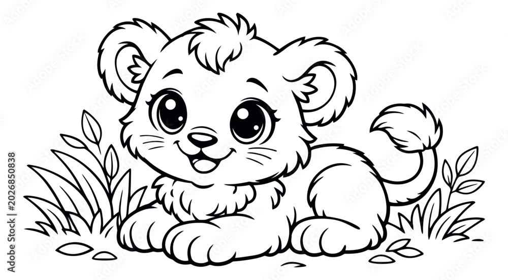 Fototapeta premium Cute hand drawn line art illustration of a lion cub depicting it smiling and lying in grass for children's activities