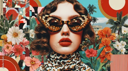 surreal portrait of woman with butterfly sunglasses and leopard print top surrounded by colorful flowers and geometric patterns