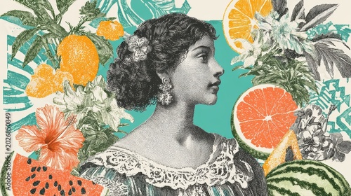 Vintage tropical collage featuring a victorian woman surrounded by citrus fruits, tropical leaves, and floral elements in vibrant colors for decorative and editorial design