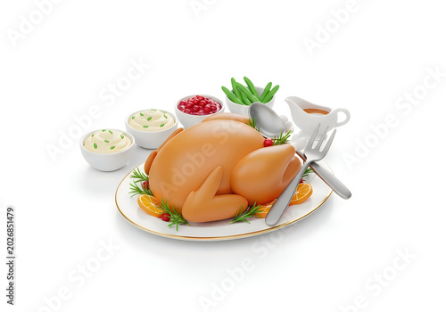 Roasted turkey dinner with sides and utensils on a plate