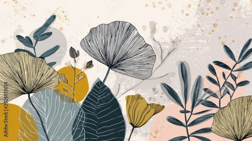 abstract botanical tropical leaves and floral line art background, modern boho vector shapes and organic foliage design, elegant nature inspired wallpaper for summer sale banners, wall art prints, and