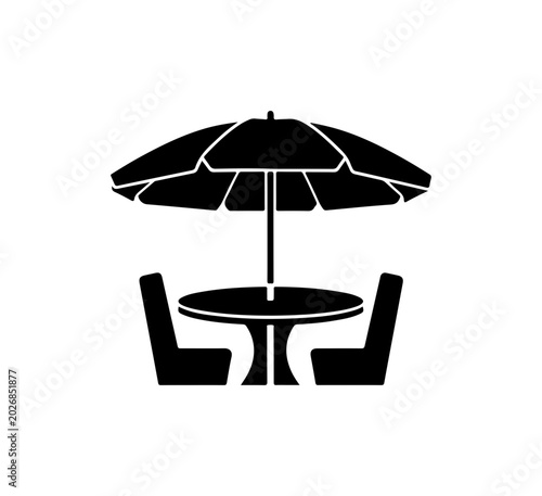 Outdoor furniture icons, patio set, table and chairs, umbrella, black silhouette