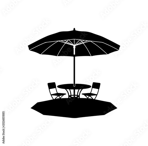 Black patio set, outdoor furniture, umbrella table, garden silhouette, vector icons
