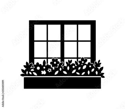 Black window box flowers, window box planters, flower box silhouette, gardening icons