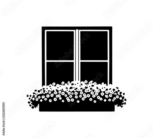 Black window box flowers, white blooms, window sill plant, floral decoration