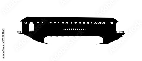 Covered bridge silhouette, black bridge icon, rural landscape symbol, vector illustration
