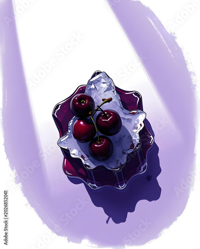dark cherries and melting ice cubes on a mirror surface with dramatic lighting and rich burgundy tones.