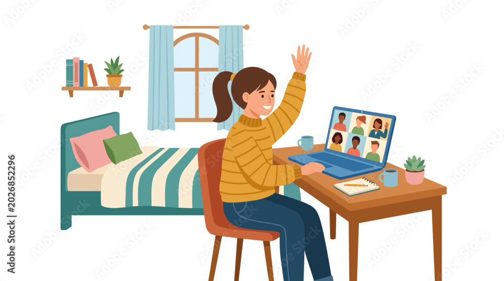 Fototapeta premium Happy Girl Attending Online School Program from Home, Raising Hand to Answer Question
