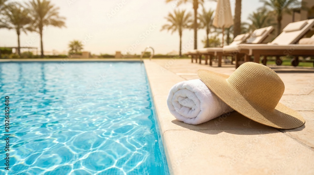 Obraz premium Rolled white towel and sun hat on swimming pool edge with clear blue water. Luxury resort summer vacation scenery with palm tree. Sunny day relaxation at hotel poolside lounge area.
