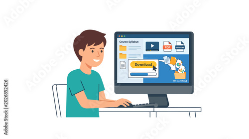 Boy learning on computer, online school program, homeschooling, digital education, download syllabus