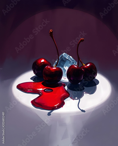 dark cherries and melting ice cubes on a mirror surface with dramatic lighting and rich burgundy tones.
