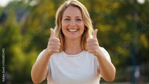 Smiling young woman showing two thumbs up gesture while standing outdoors with a green background