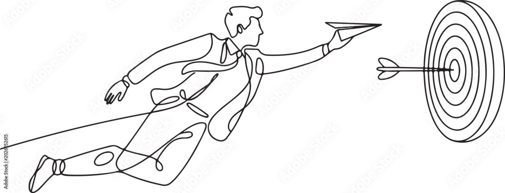 Obraz premium Continuous one line drawing young male worker focus flying with paper air plane into target dartboard. Success business manager.one line Art icon drawing vector