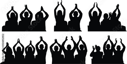 Canvastavla Crowd silhouette vector set with people sitting in chairs clapping hands and app