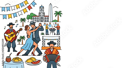 Slika na platnu Colorful illustration of Argentine culture with tango dancers and traditional music