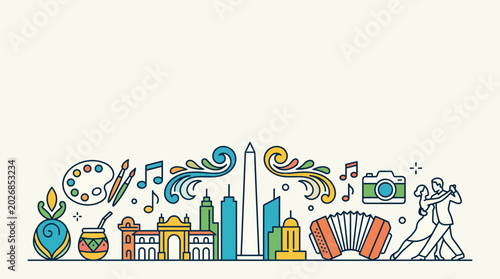 Photos Colorful line art illustration featuring Buenos Aires city landmarks and Argentine culture icons