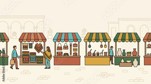 Fotografía Colorful street market stalls with vendors and shoppers in a flat illustration style