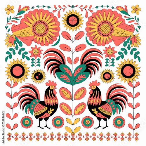 Colorful Folk Art Seamless Pattern with Roosters, Sunflowers and Geometric Florals in Vibrant Red and Yellow
