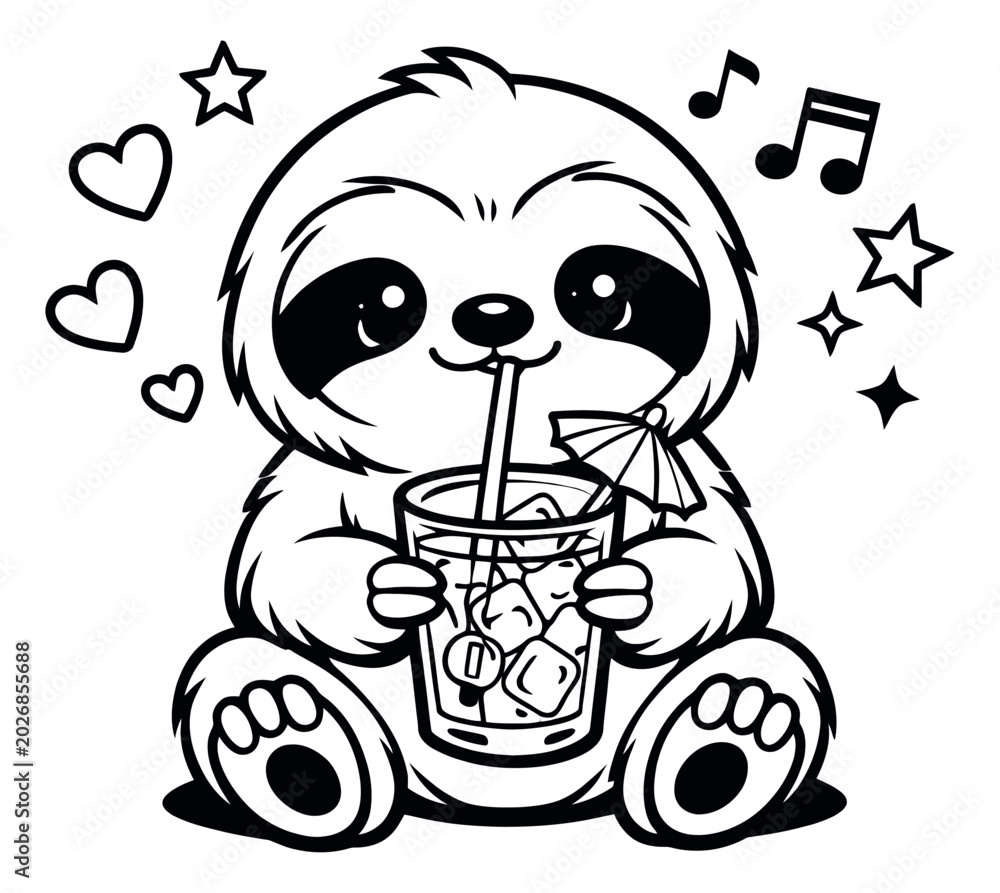 Fototapeta premium Cute line art illustration of a happy sloth depicting drinking a refreshing cocktail for summer designs