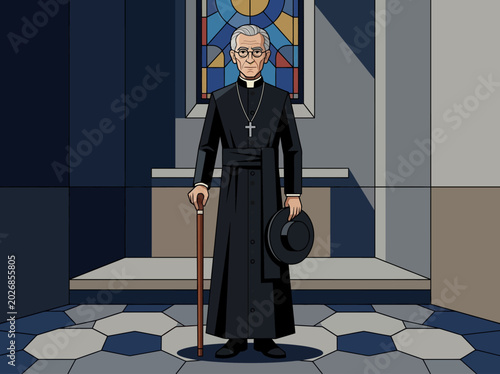 Φωτογραφία Elderly Catholic Priest in Cassock with Walking Stick Standing in a Church, Vect