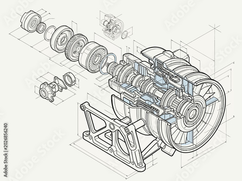 Foto Isometric Technical Illustration of a Mechanical Turbine Engine Exploded View an