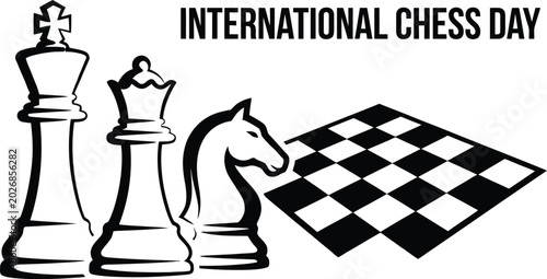 International chess day promotional layout featuring a black knight horse piece on a checkered board background