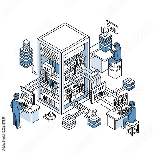 Isometric Illustration of Data Center with Engineers and Network Infrastructure.