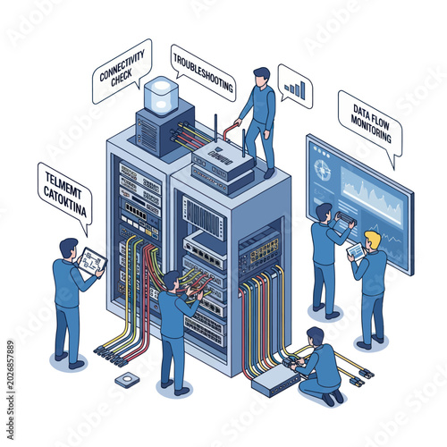 Isometric Illustration of IT Professionals Managing a Data Center.