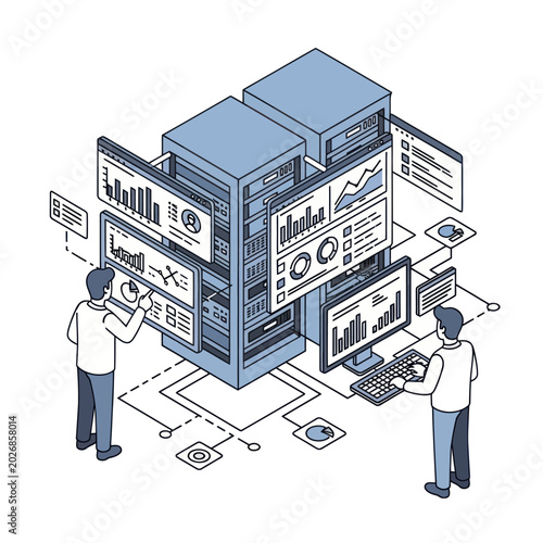 Data Analysis and Server Management Illustration with Two Professionals.