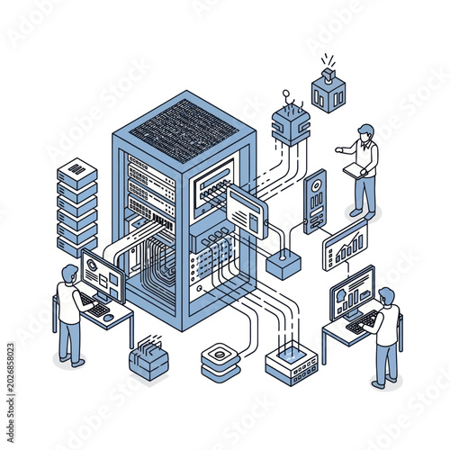 Isometric Server Room Illustration with Data Analysis and Management.