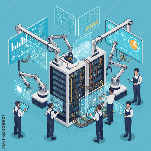 Isometric View of Server Maintenance with Robotic Arms and Technicians.