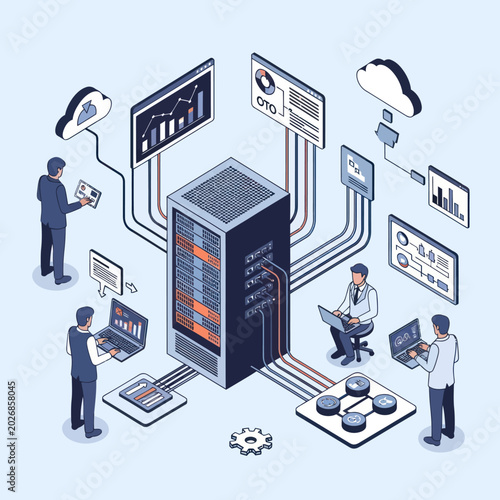 Isometric Data Center Illustration with Cloud Computing and Network Connections.