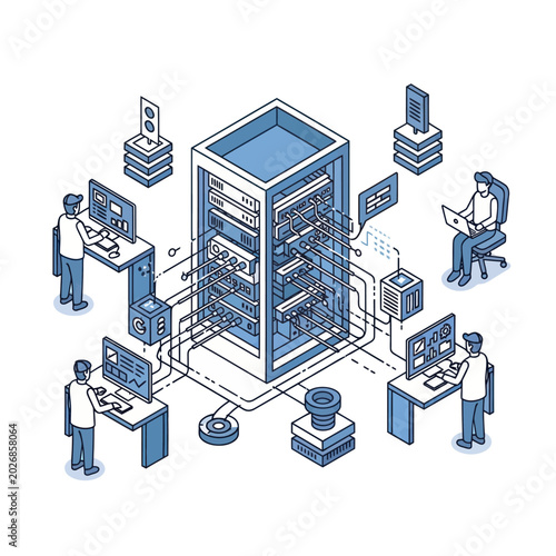 Isometric Server Room Network Management with Engineers and Data Center.